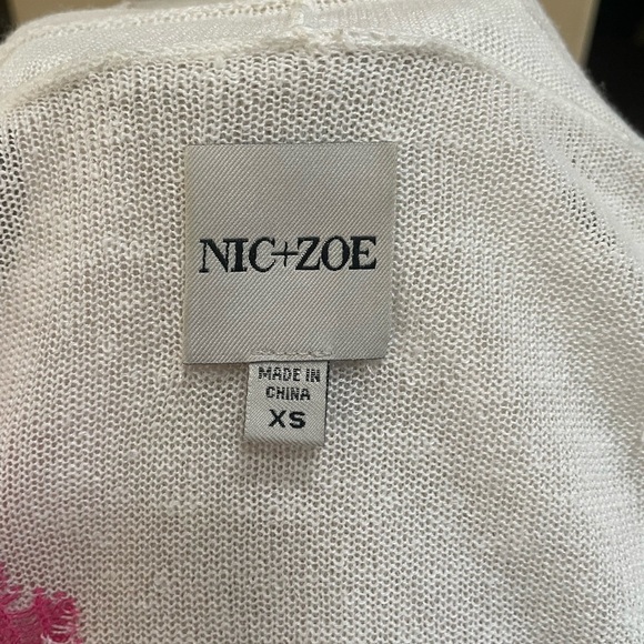Nic + Zoe Cardigan Long Line Open Front White Pink Orange Leaf Print XS Oversize - Picture 7 of 7